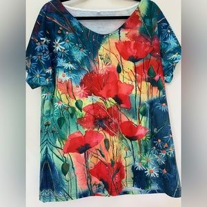 Women's Oil Painting Floral Print V-Neck Short Sleeve Tee size X-Large